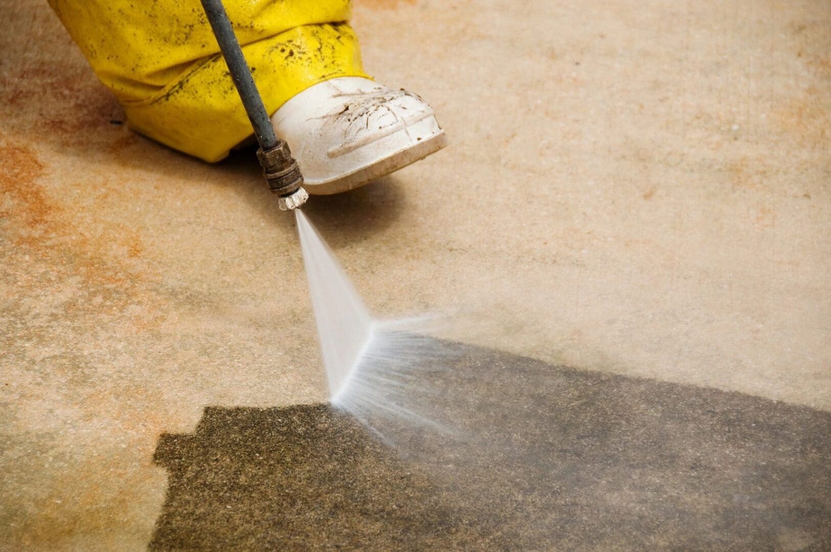 A person using a high pressure water jet to clean the floor.