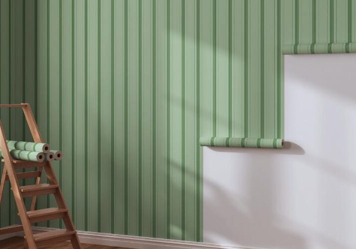 A room with green walls and white trim.